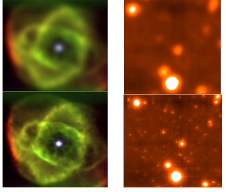 En los paneles superiores vemos imágenes de la Nebulosa de ojo de gato (izquierda) y del cúmulo M13 (derecha) obtenidas por instrumentos convencionales en el observatorio de Palomar. Abajo los mismo obsetos observados con la técnica empleada en nuestro artículo: Lucky-Imaging. 