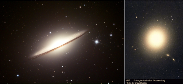 Izquiera: Imagen de la Galaxia del Sombrero obtenida por el telescopio espacial Hubble (NASA). Derecha: Imagen de la galaxia elíptica M87.