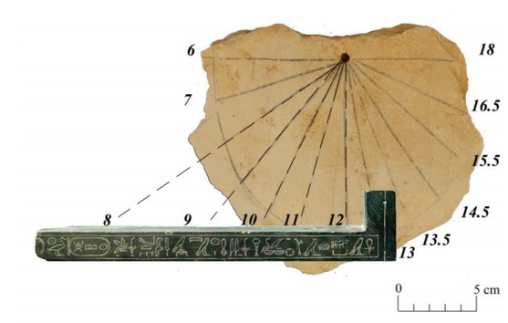 Reloj solar encontrado en el Valle de los Reyes en 2012 que pertenece al siglo XIII antes de nuestra era. El hallazgo lo realizó un equipo de egiptólogos de la Universidad de Basilea dirigido por Profesora Susanne Bickel.