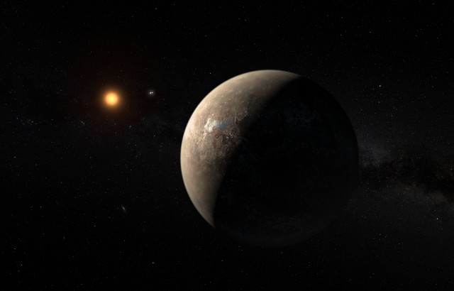 Ilustración del planeta Próxima b alrededor de Próxima Centauri. El año del planeta dura tan solo 11 días con lo que está muy cerca de su estrella. Vista desde el planeta, la estrella se ve tres veces más grande que el Sol desde la Tierra. Crédito imagen: ESO/M. Kornmesser